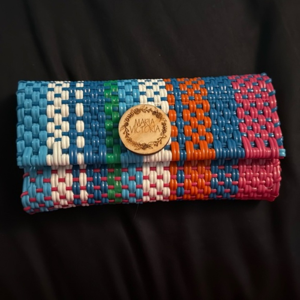 Maria Victoria Woven Plastic‎ Clutch Bag Multi Color Striped Handcrafted Purse